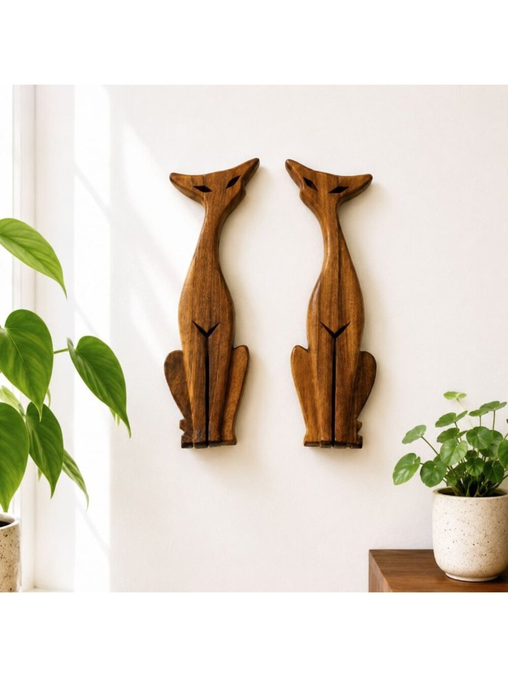 Mid-Century Woodpecker Woodware Japan Art Cat Pair 13" Sculptures